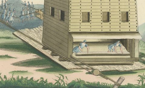 19th-Century Hand-Coloured Lithograph of a Medieval Siege Tower in Action, close-up 1