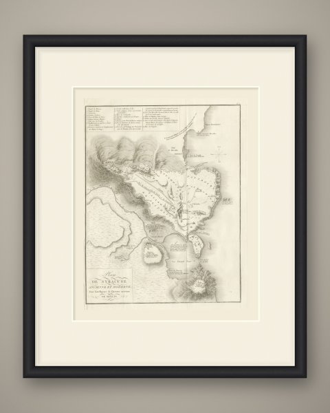 Plan of Ancient and Modern Syracuse with Numbered Key, Rollin Atlas, 1818, shown framed