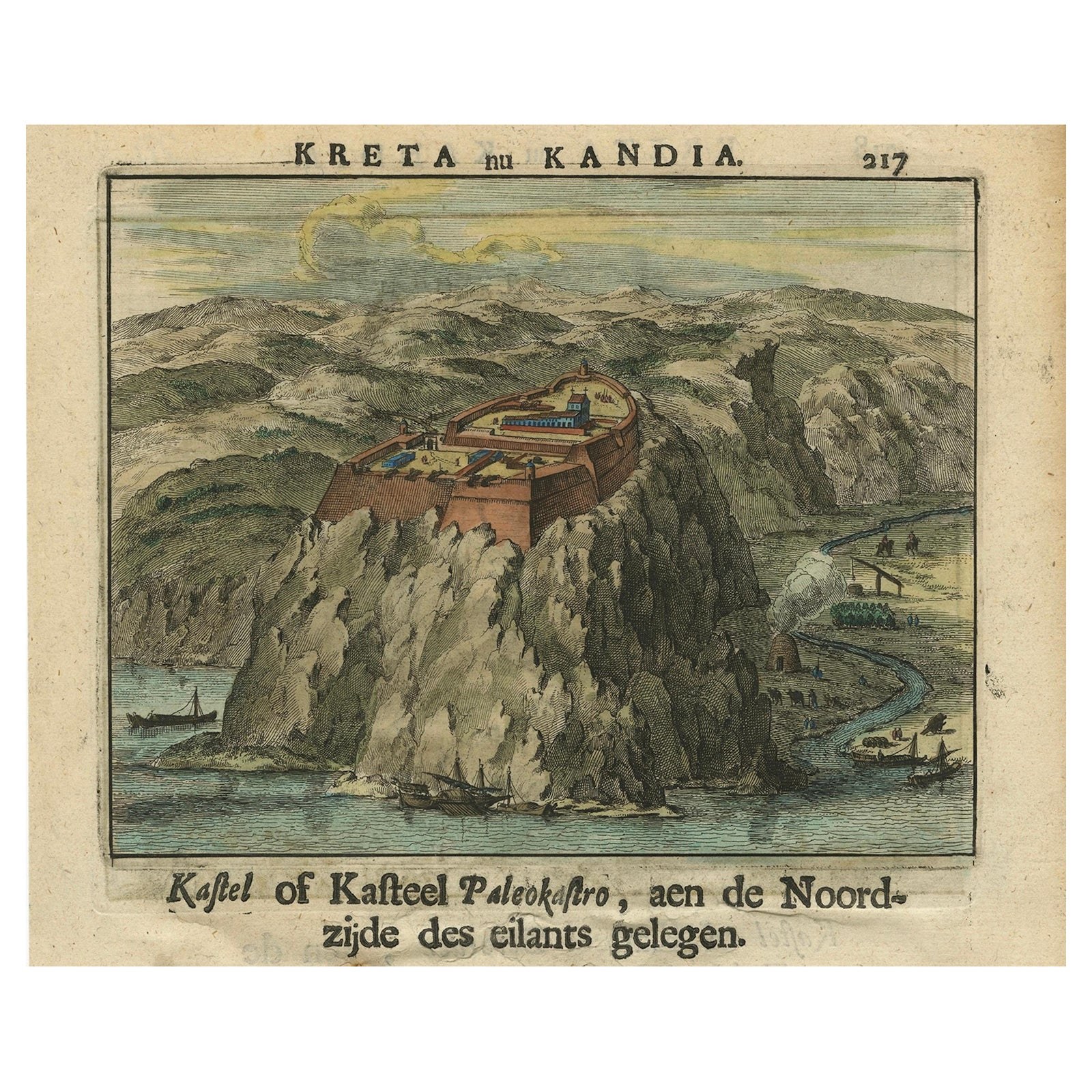 Venetian Fortress Paleokastro on Crete, Antique Print, Hand-Coloured, 1688