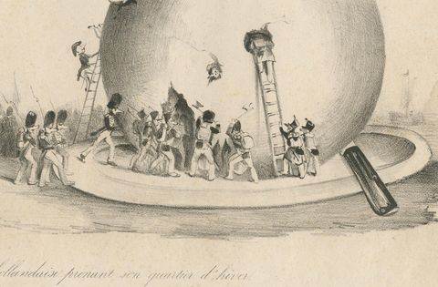 Dutch Troops Winter Quarters in a Cheese, Rare Belgium 1830 Satirical Cartoon, close-up 2
