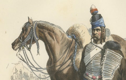 French Hussar with Horse 1795, Napoleonic Era Military Uniform Print, 1843, close-up 3