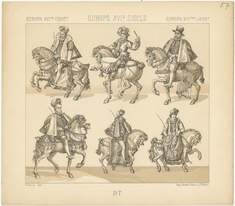 Pl. 57 Antique Print of European 16th Century Battle Costumes by Racinet, view 4