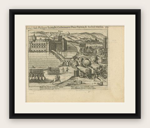 Siege of Kerpen under Duke of Parma, Original Engraving from Baudartius, 1616, shown framed