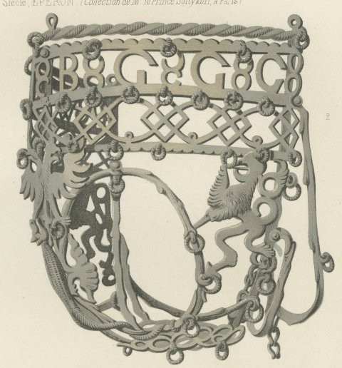 German Poniard, Horse Muzzle and Spurs, Antique Print, 1851, close-up 1