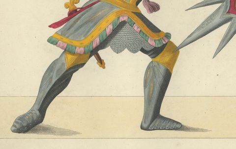 Dramatic 19th-Century Lithograph of Knights with Elaborate Spiked Shields, close-up 2