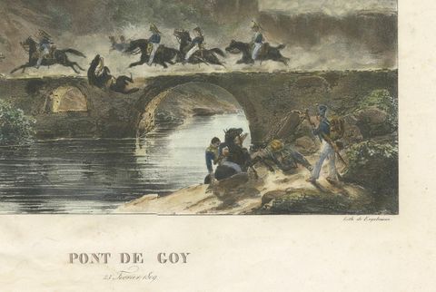Pont de Coy: French Troops Crossing a Bridge in 1809- Napoleonic Wars Lithograph, close-up 2