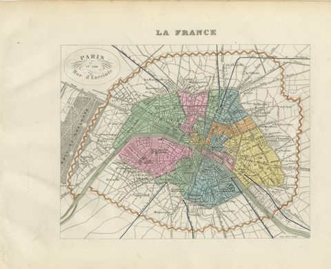 Antique Plan of Paris and its Fortified Enceinte, Vuillemin, circa 1860