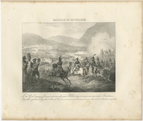 Battle of Mount Tabor, Napoleon Relieves Kleber, Antique Madou Lithograph, 1827, view 2
