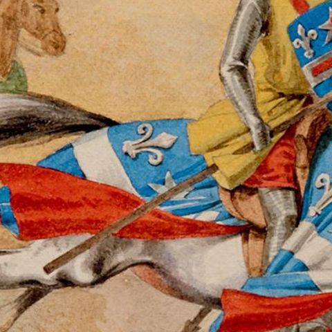 Original 1841 Watercolor of Knight on Horseback by Rémy Eugène Julièn, close-up 1