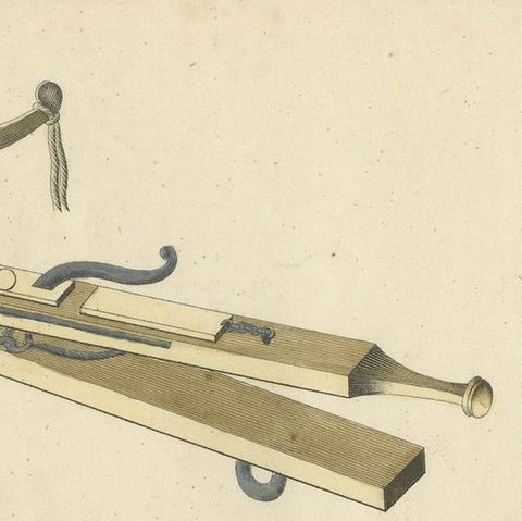 19th-Century Hand-Coloured Lithograph of Medieval Siege Engines and Catapults, close-up 3