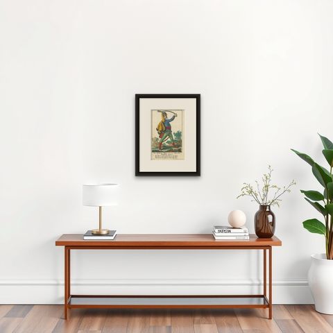 Antique Engraving of a Hungarian Officer by Martin Engelbrecht, c.1780, shown framed on a wall