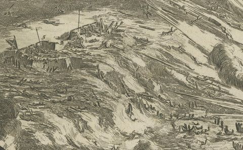 Explosion of a Pontoon Bridge at the Siege of Antwerp (1585) by Coenraet Decker, close-up 1