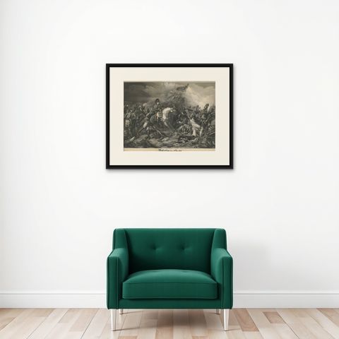Large Mezzotint of Napoleon at the Battle of Waterloo German Print, c1850, shown framed on a wall