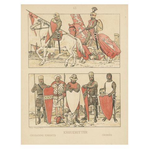 Antique Crusading Knights Plate, Hand-Colored Medieval Print c.1880