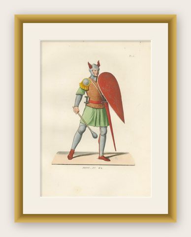 Armored Knight c.1400 with Winged Helmet, Antique Print Published 1845, shown framed