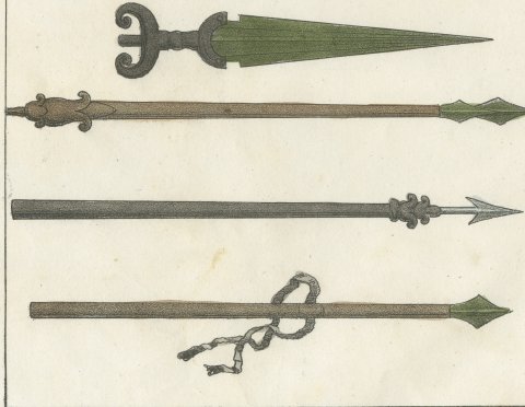 Ancient Shields, Footwear and Offensive Weapons, Hand Colored Lithograph, 1842, close-up 2