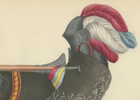 19th-Century Hand-Coloured Knights Jousting in Ornate Black Caparisons, close-up 1