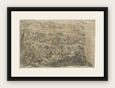 Battle of Vienna in 1683, Etching of Christians vs Turks, Van Westerhout, 1725, shown framed