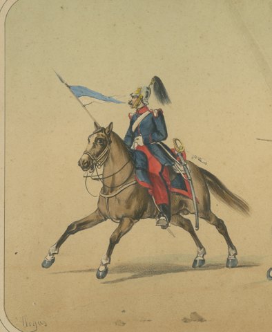 Spanish Lancers at the Charge, Villegas, Hand Colored Lithograph, 1861, close-up 1