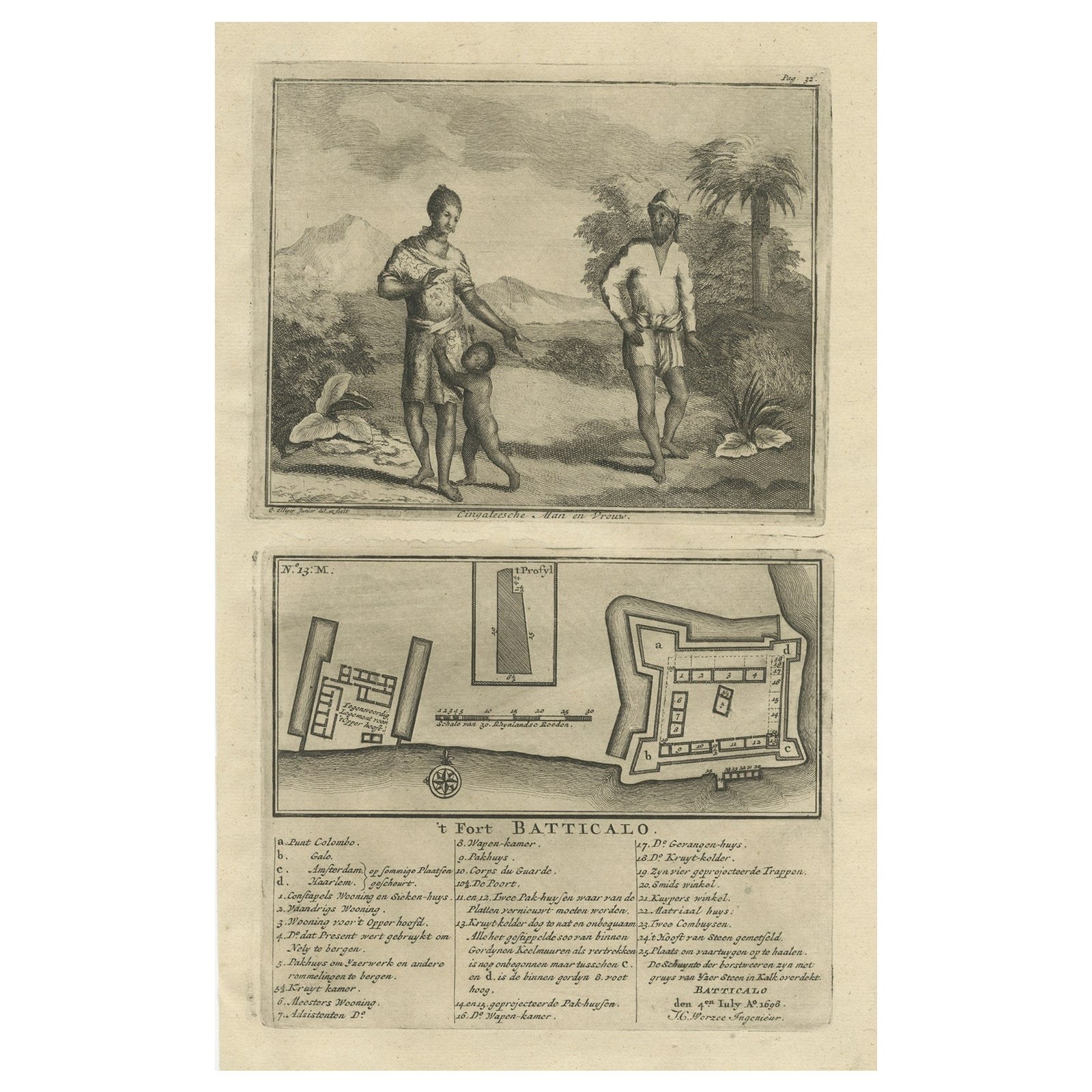 Old Print of the Fort at Batticaloa in the Eastern Province Sri Lanka (Ceylon)