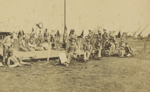 British Army Camp Scenes, Highland and Queen’s Regiments, 19th Century Pair, close-up 2