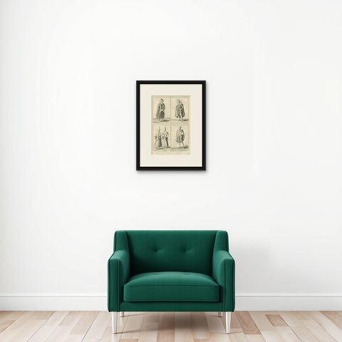 Ottoman Dervish Costumes and Soldiers from the 18th Century, Engraved in 1734, shown framed on a wall