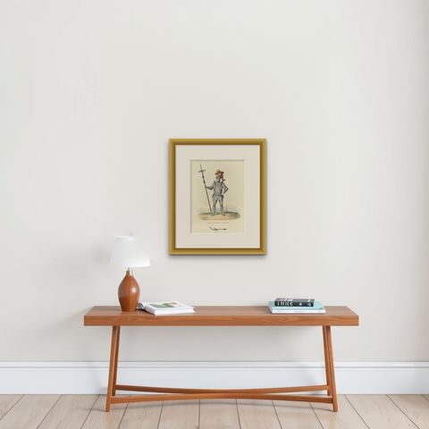 Antique Print of Long-Bellied Armour, 1842, shown framed on a wall