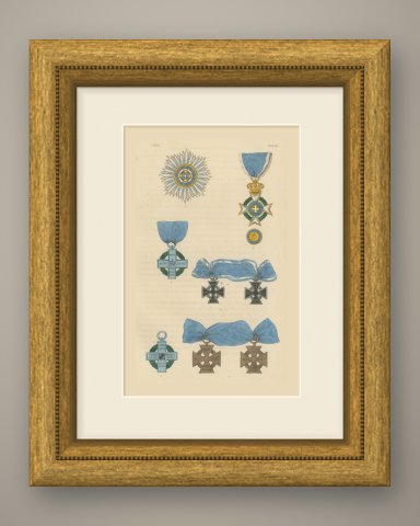 Greece, Order of the Redeemer Insignia, Plate XXXVII, Wood Engraving, 1844, shown framed