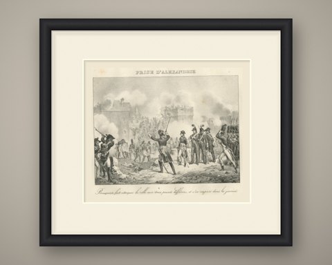The Taking of Alexandria, Egypt Campaign, Antique Madou Lithograph, 1827, shown framed