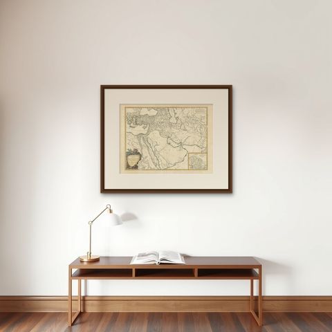 Antique Map of Alexander the Great's Empire & Campaigns, de Vaugondy, 1753, shown framed on a wall