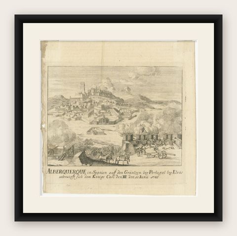 Siege of Alburquerque near Elvas, War of Spanish Succession Engraving, c.1710, shown framed