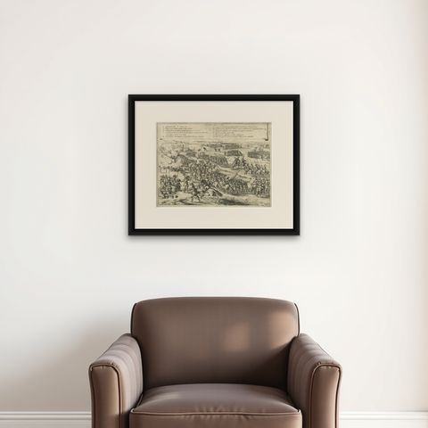 The Aftermath of Battle for Oudenaarde in the Eighty Years' War Engraved in 1632, shown framed on a wall