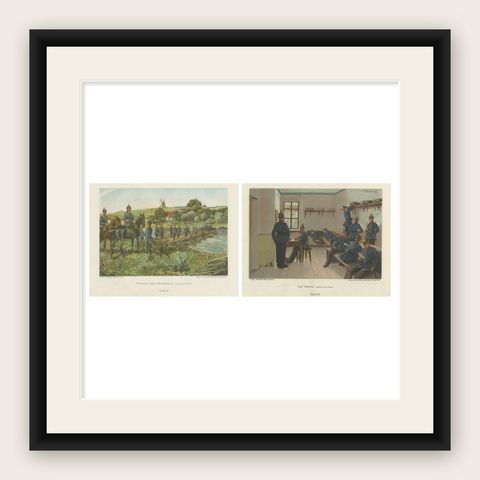 Military Lithographs, Prussian Soldiers on Duty by R. Knötel, 1900, shown framed