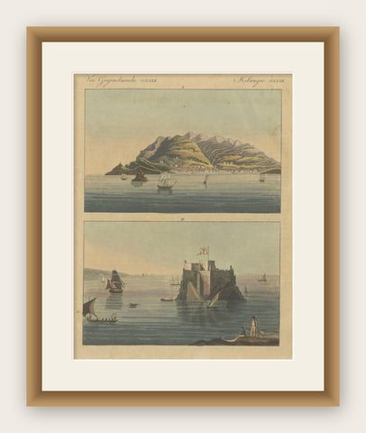 Views of Funchal and Fort Loo, Madeira, Hand-Colored Print from Bertuch, c.1800, shown framed