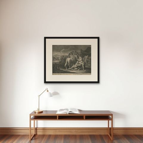 Mezzotint of Soldiers Near the Sutler's Tent for Tobacco, Beer and Meat, Ca.1750, shown framed on a wall