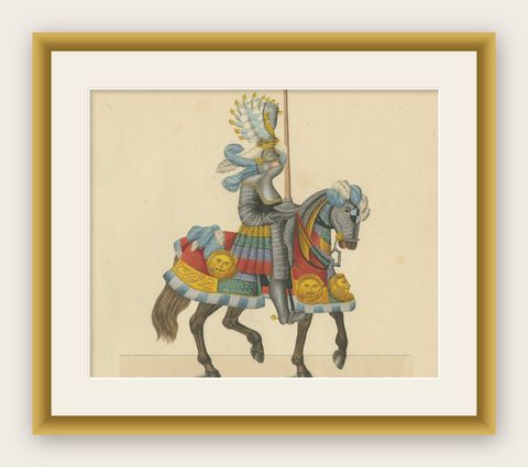 Hand-Coloured Knightly Parade Armour Print with Vibrant Heraldic Motifs, 1842, shown framed