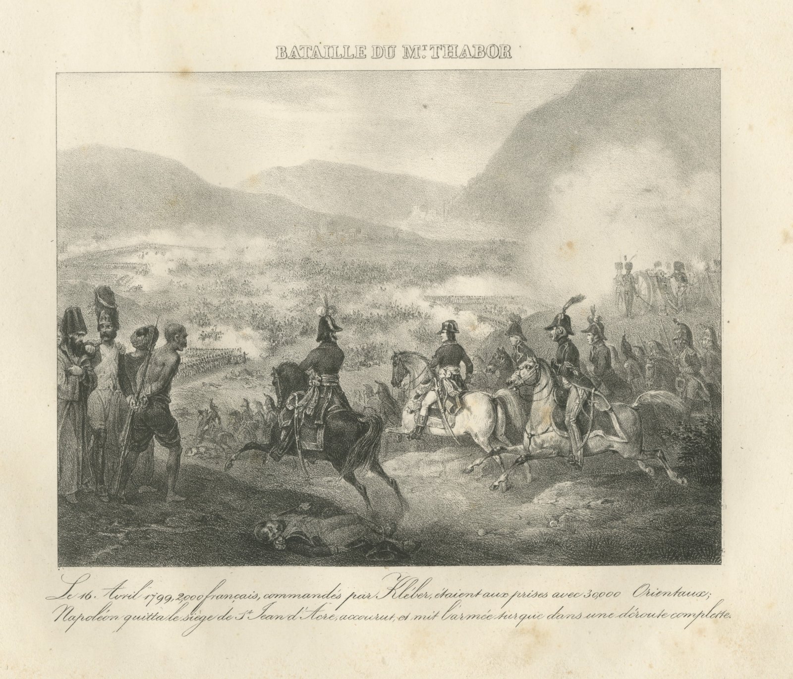 Battle of Mount Tabor, Napoleon Relieves Kleber, Antique Madou Lithograph, 1827