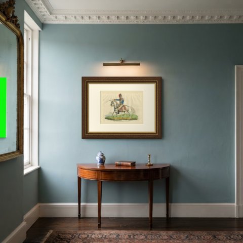 Marquis of Anglesey in Hussar Uniform with Raised Saber, Hand Colored, 1815, shown framed in a room
