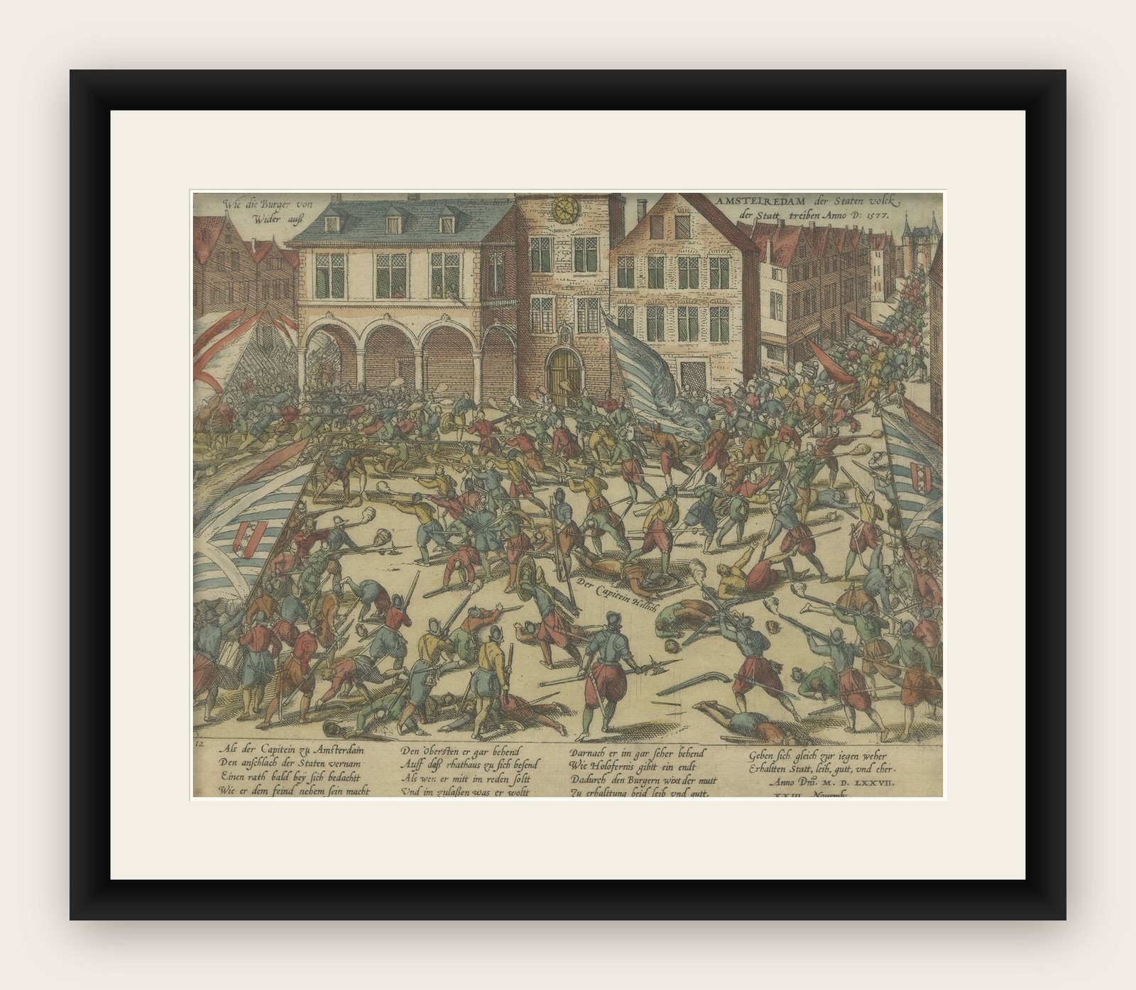 Old Print of Troops of William of Orange Battling with Amsterdam Citizens, c1580