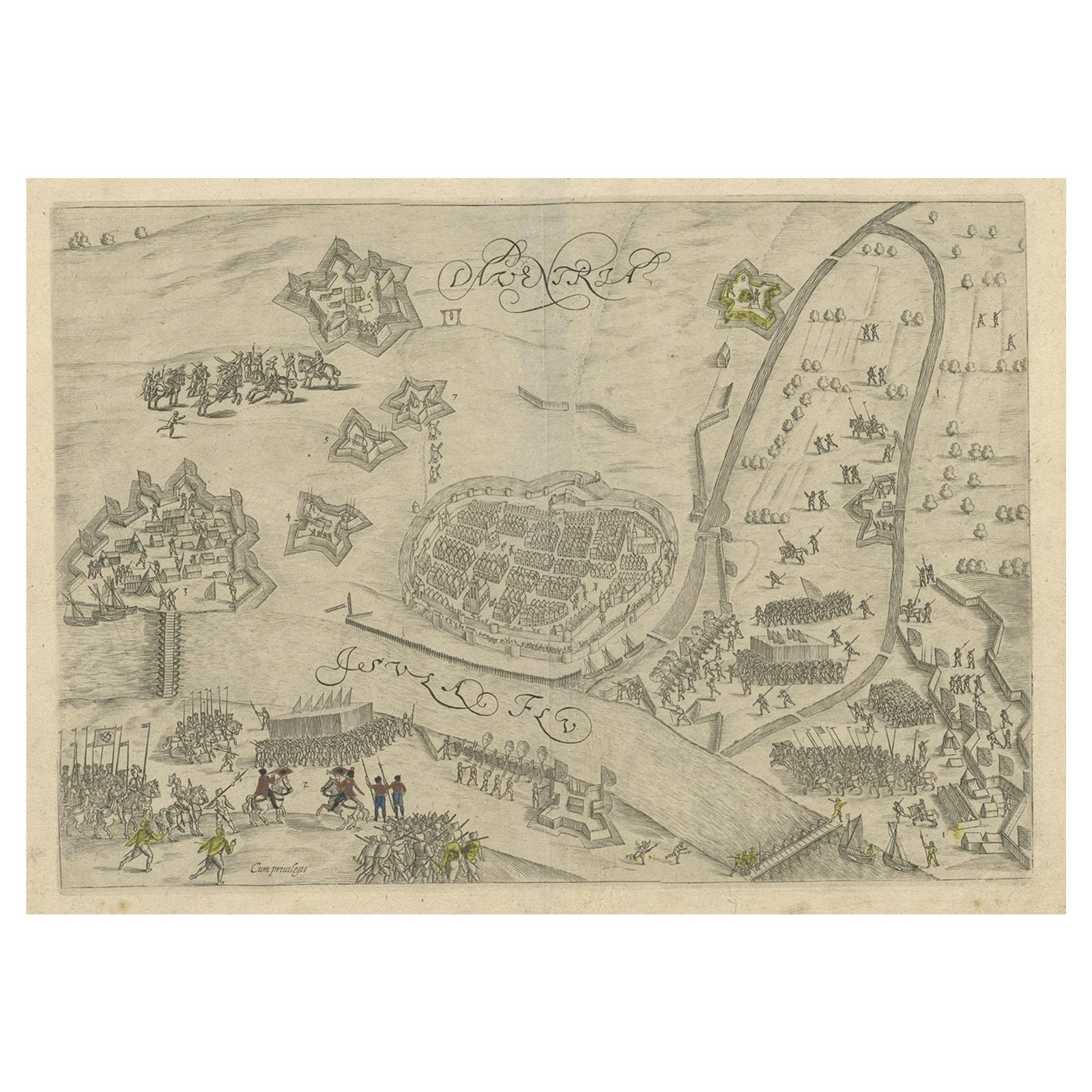 Antique Map of the 1591 Siege and Occupation of Deventer City, Holland, c1610