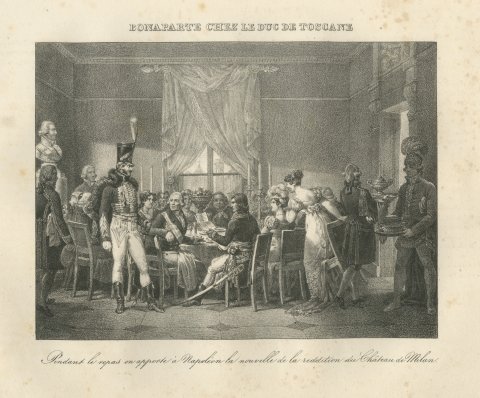 Bonaparte Dines with the Grand Duke of Tuscany, Antique Madou Lithograph, 1827