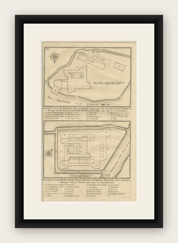 Antique Print of Fortresses in Java by Valentijn, 1726, shown framed