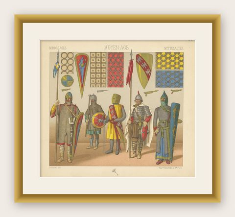 Antique Print of Knights with Middle Ages Armament, circa 1880, shown framed