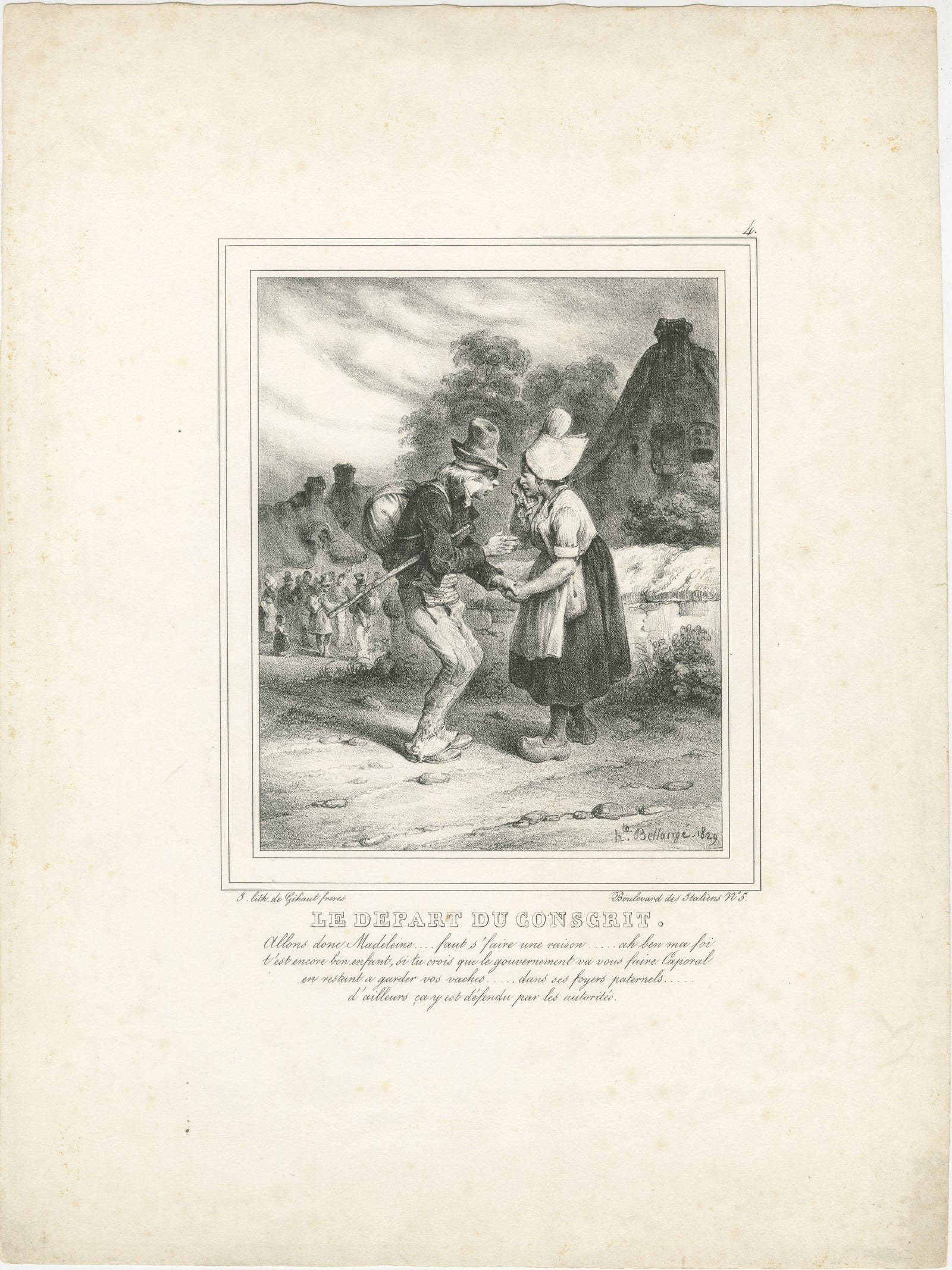 Young Soldier Saying Farewell to Sweetheart, Romantic French Lithograph c.1830