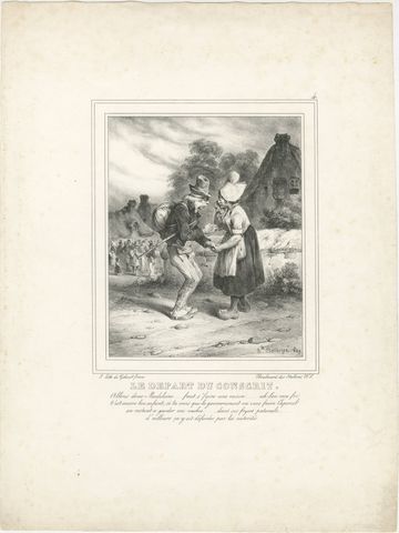 Young Soldier Saying Farewell to Sweetheart, Romantic French Lithograph c.1830