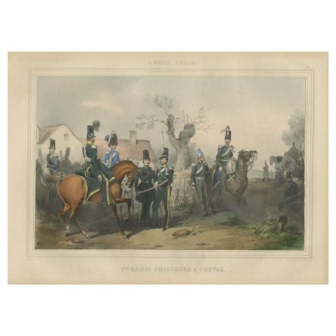 Old Hand-Colored Print of Officers and Horses of the Belgium Army, 1833