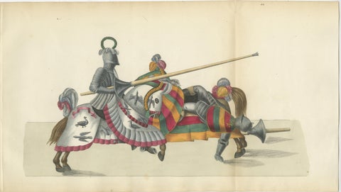 Hand-Coloured Jousting Scene: Armoured Knight and Striped Caparisoned Horse 1842, view 2