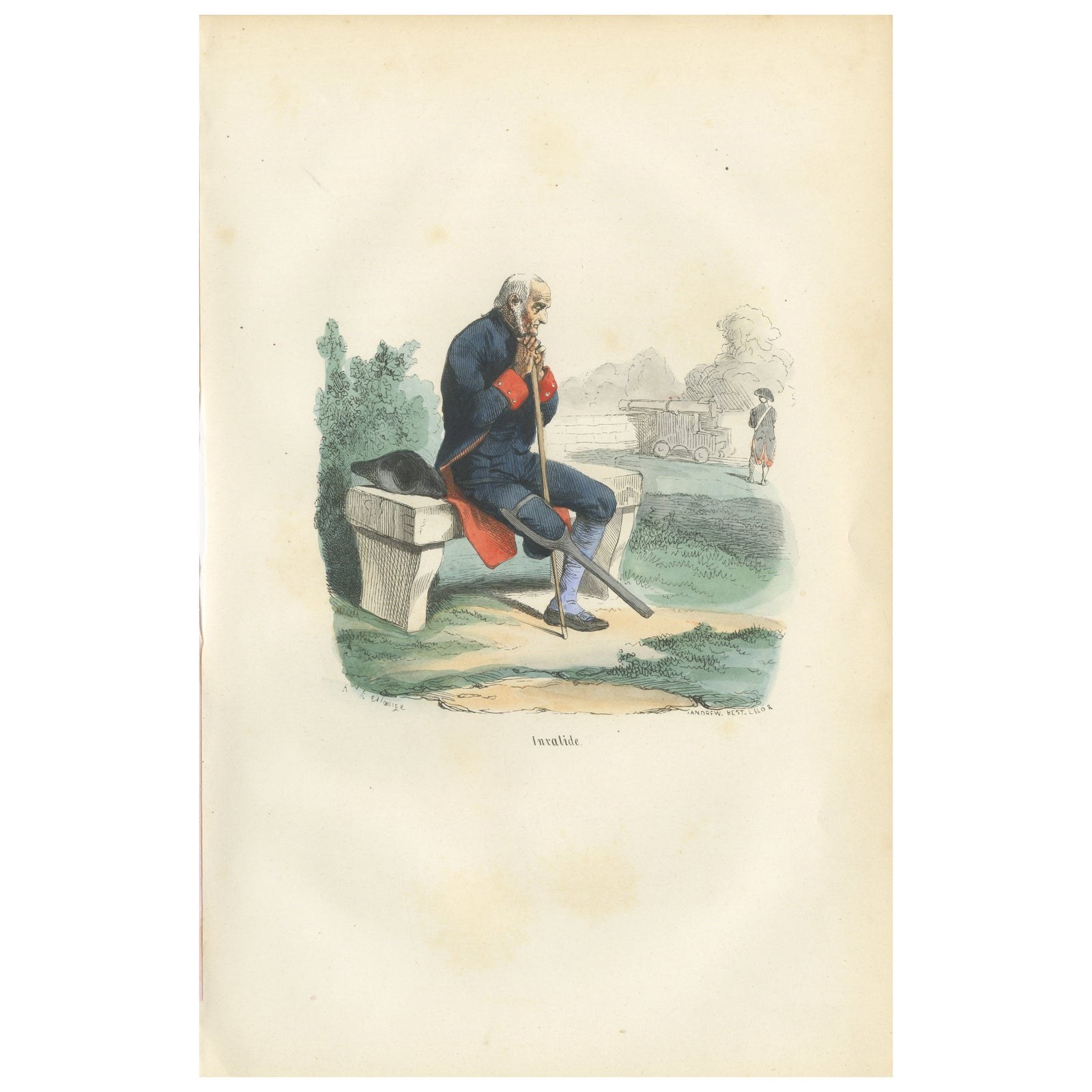 Invalides Veteran of the Imperial Guard, Hand-Colored Military Print, 1843