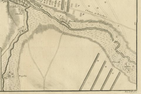Detailed 1729 Battle Map, Allied Army Camp at Denain France, 1712 Siege, close-up 2