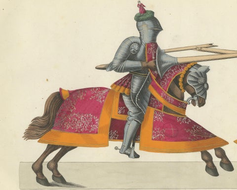 19th-Century Hand-Coloured Knightly Joust: Ornate Armor & Horses in Action, close-up 4